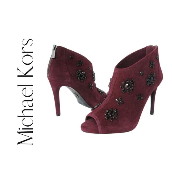 Michael Kors Suede Rhinestone Trim Peep-toe Heel Boots/Booties - Picture 8 of 8